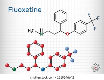 Fluoxetine molecule, is antidepressant of the selective serotonin reuptake inhibitor SSRI. Structural chemical formula and molecule model. Sheet of paper in a cage.Vector illustration