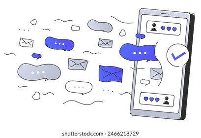 Flurry of messages. The barrage of messages tearing up the phone. Information overload from social media and messengers. Phone notifications. Line art flat vector illustration on white background