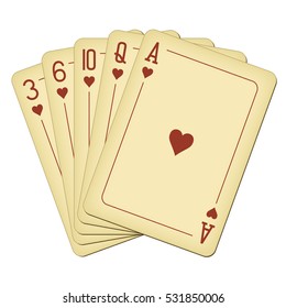 Flush of hearts - vintage playing cards vector illustration