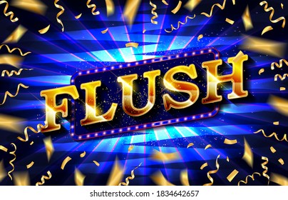 Flush. Illustration Online Poker casino banner with a mobile phone, chips, playing cards and dice. Marketing Luxury Banner Jackpot Online Casino with Smartphone. Empty advertising poster.
