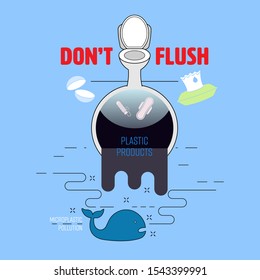 Don’t Flush Plastic Products Down The Toilet. Contact Lens, Menstrual Products And Wet Wipes Polluted The Ocean And Causing Microplastic Pollution. Vector Illustration Outline Flat Design Style.