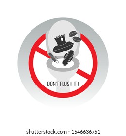 Don’t flush it sign. Contact lens, menstrual products and wet wipes causing blockage and microplastic pollution. Vector illustration outline flat design style.