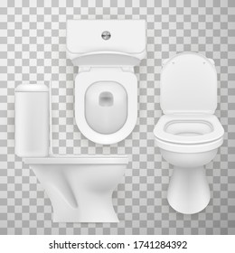 Flush toilet bowl, WC pan, water closet realistic set. Side, front, top view. Bathroom, lavatory, cloakroom white ceramic interior object. Vector toilet bowl set isolated on transparent background.