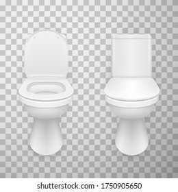 Flush toilet bowls with open and closed lid realistic set. WC pan ceramic white with seat up and down. Front view toilet bowls. Water closet clean vector illustration isolated on background.