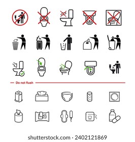 Flush toilet icon set. The outline icons are well scalable and editable. Contrasting elements are good for different backgrounds. Ideal for use in design, packaging, etc. EPS10.