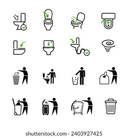 Flush toilet icon set. The outline icons are well scalable and editable. Contrasting elements are good for different backgrounds. Ideal for use in design, packaging, etc. EPS10.