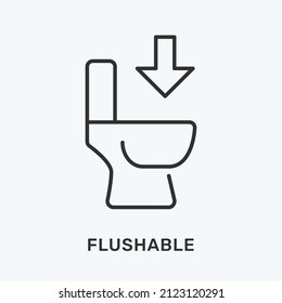 Flushable line icon. Vector illustration of toilet and arrow. Black outline pictogram for wc