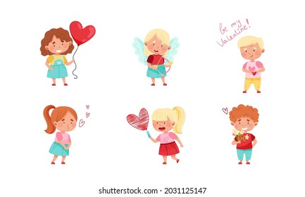 Flushed Boy and Girl Character Feeling Love and Affection Giving Heart and Valentine Vector Set