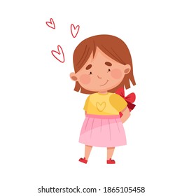 Flushed Girl Character Holding Gift Box Behind Her Back Vector Illustration