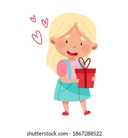 Flushed Girl Character Holding Gift Box Vector Illustration