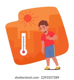 El Caracter De Niño Llanto Y Letárgico Luchando Para Enfrentar El Calor Abrasador Del Sol Desierto Siente Dolor En El Pecho Aislado En El Fondo Blanco. Ilustración de vectores de personas de caricatura