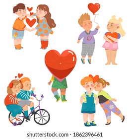 Flushed and Shy Little Boy and Girl Holding Hands and Kissing Feeling Love Vector Illustration Set