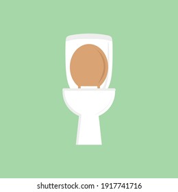 Flushing toilet cartoon flat icon. Badge toilet for house plumbing promotion design. Bathroom interior attribute, lavatory accessory. Traditional restroom equipment with flush tank and lid down