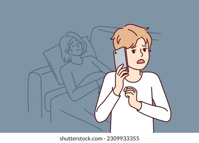 Flustered boy calls 911 and tells doctor symptoms of sick mom in need of medical attention. Sick woman lies on couch next to son with mobile phone trying to call hospital staff for help