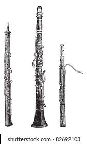 Flute, Clarinet, and Bassoon, vintage engraved illustration. Trousset encyclopedia (1886 - 1891).