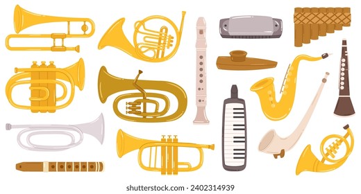 Flute, Clarinet, Saxophone, Trumpet, Trombone, Oboe, Bassoon, French Horn, Tuba, Piccolo, And Ocarina. Diverse Wind Instruments Collection That Create Beautiful Melodies. Cartoon Vector Illustration