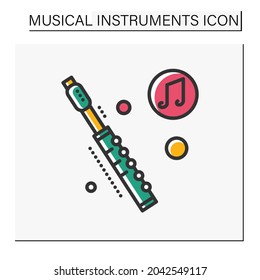  Flute color icon. Classical woodwind orchestral musical instrument. Classical, ethnic and modern music. Music from different countries. Isolated vector illustration