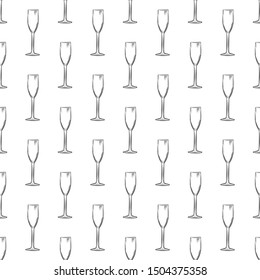 Flute glass. Hand drawn empty champagne glass sketch seamless pattern. Sparkling wine glass backdrop. Engraving style. Design for fabric, textile print, wrapping paper. Vector illustration