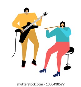 Flute and guitar player musician vector illustration. Music band flat hand drawn illustration. Сartoon characters of musicians. Music concert