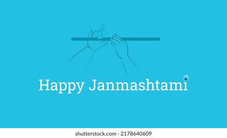 flute in hand on flat blue background. Happy Janmashtami vector illustration.