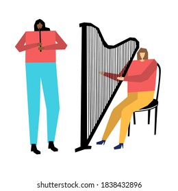 Flute and harp musicians vector illustration. Music band flat hand drawn illustration. Сartoon characters of musicians. Music concert