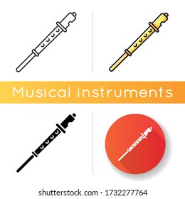 Flute icon. Recorder musical instrument. Orchestral performance. Pipe with holes to play acoustic melody. Folk festival. Linear black and RGB color styles. Isolated vector illustrations