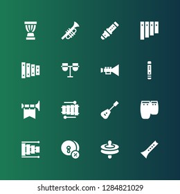 flute icon set. Collection of 16 filled flute icons included Flute, Cymbals, Xylophone, Conga, Mandolin, Trumpet, Panpipe, Djembe