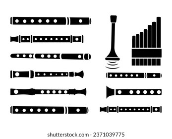 Flute Instrument Vector Illustration Big Clip Art Collection. Flute Instrument Music Elements, Flute Musical Sound System. Flute Instrument Isolated Art Cartoon Silhouette.