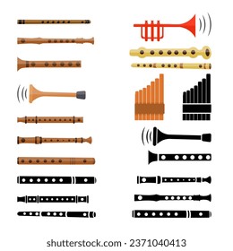 Flute Instrument Vector Illustration Big Clip Art Collection. Flute Instrument Music Elements, Flute Musical Sound System. Flute Instrument Isolated Art Cartoon Silhouette.