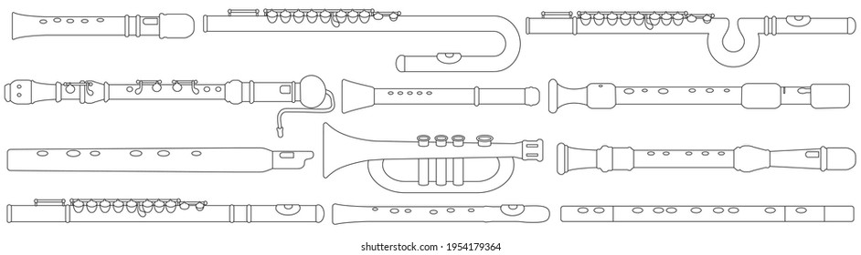 Flute isolated outline set icon. Vector illustration music instrument on white background. Vector outline set icon flute.