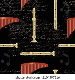 Flute. Kit. Seamless pattern of wind musical instruments on a black background. Trending vector image in symphony, jazz, pop style for posters, textiles, packaging, congratulations and poster, concert