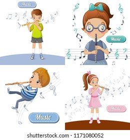 Flute music banner set. Cartoon illustration of flute music vector banner set for web design