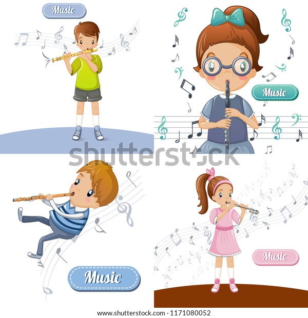 Flute music banner set. Cartoon\
illustration of flute music vector banner set for web\
design