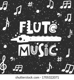 Flute music concert vector illustration. Musical instrument silhouette with stylized lettering with ink drops. Cultural entertainment. Poster, card design.