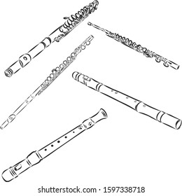 Flute music instrument set, vector sketch illustration 