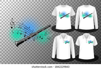Flute with music notes logo with Set of different shirts with Flute with music notes logo screen on shirts illustration