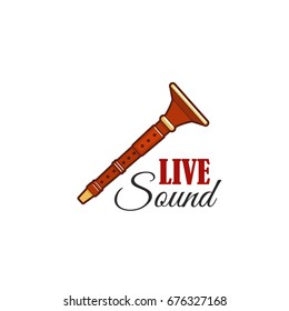 Flute musical instrument icon for live sound or concert festival label template. Vector musical reed pipe, clarinet or bansuri hornpipe for ethnic or jazz music design