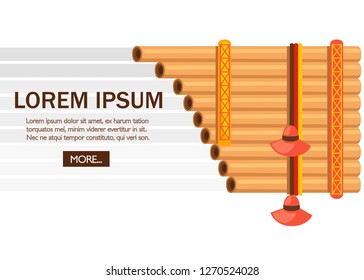 Flute pan with traditional Indians pattern. American music instrument. Flat vector illustration on white background. Place for text. Website page and mobile app design.