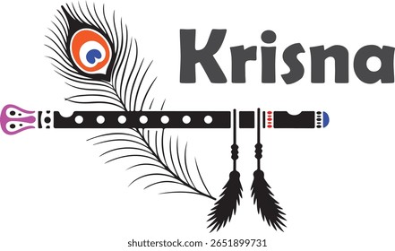 Flauta e pavão pena silhueta vetor arte ilustração. Projeto de ilustração flauta Krishna.