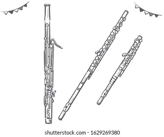 Flute, piccolo, bassoon. Woodwind instruments. Vector illustration.