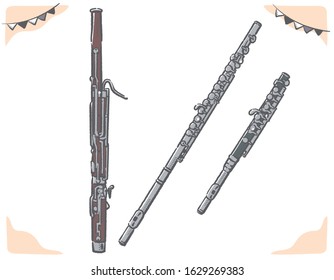 Flute, piccolo, bassoon. Woodwind instruments. Vector illustration.