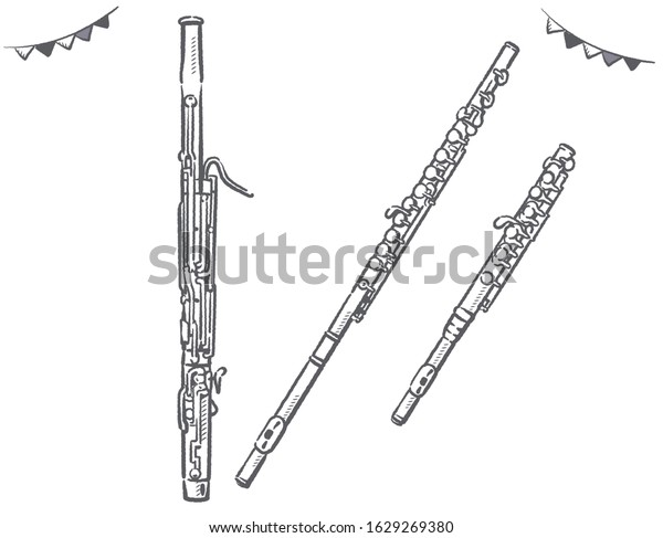 Flute, piccolo, bassoon. Woodwind\
instruments. Vector\
illustration.