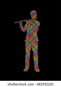 Flute player designed using colorful pixels graphic vector.