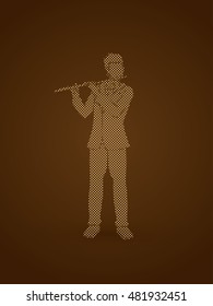 Flute player designed using golden dots pixels graphic vector.