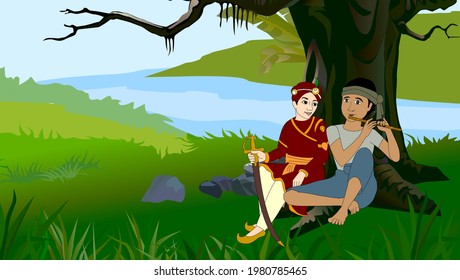 The flute player is playing the flute in the natural environment while the prince is enjoying