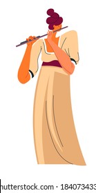 Flute player playing songs, isolated flutist performer. Artist using wind instrument, music classes or workshop, concert or rehearsal of band. Professional musician or hobby. Vector in flat style