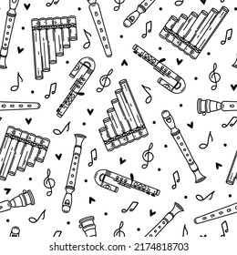 Flute seamless vector pattern. Hand drawn wooden or metal musical instrument. Block flute, pan pipe, duduk, piccolo. Device for classical, folk, popular music. Background with notes, equipment