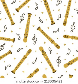 Flute seamless vector pattern. Hand drawn wooden, bamboo block flute. Bright pipes, notes isolated on white. Musical instrument for classical, folk melodies. Flat cartoon background for web, print