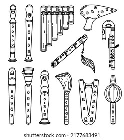 Flute set of vector icons. Collection of wooden, metal, bamboo, plastic musical instruments. Block flute, alto, pipe pan, ocarina, duduk, fife, double. Outline for web, apps, logo. Isolated on white