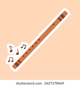 Flute sticker with music notes on isolated  background.Vector illustration